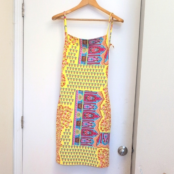 mali Dresses & Skirts - MILAN Vibrant Yellow Patterned COVERUP  Dress SIZE MEDIUM